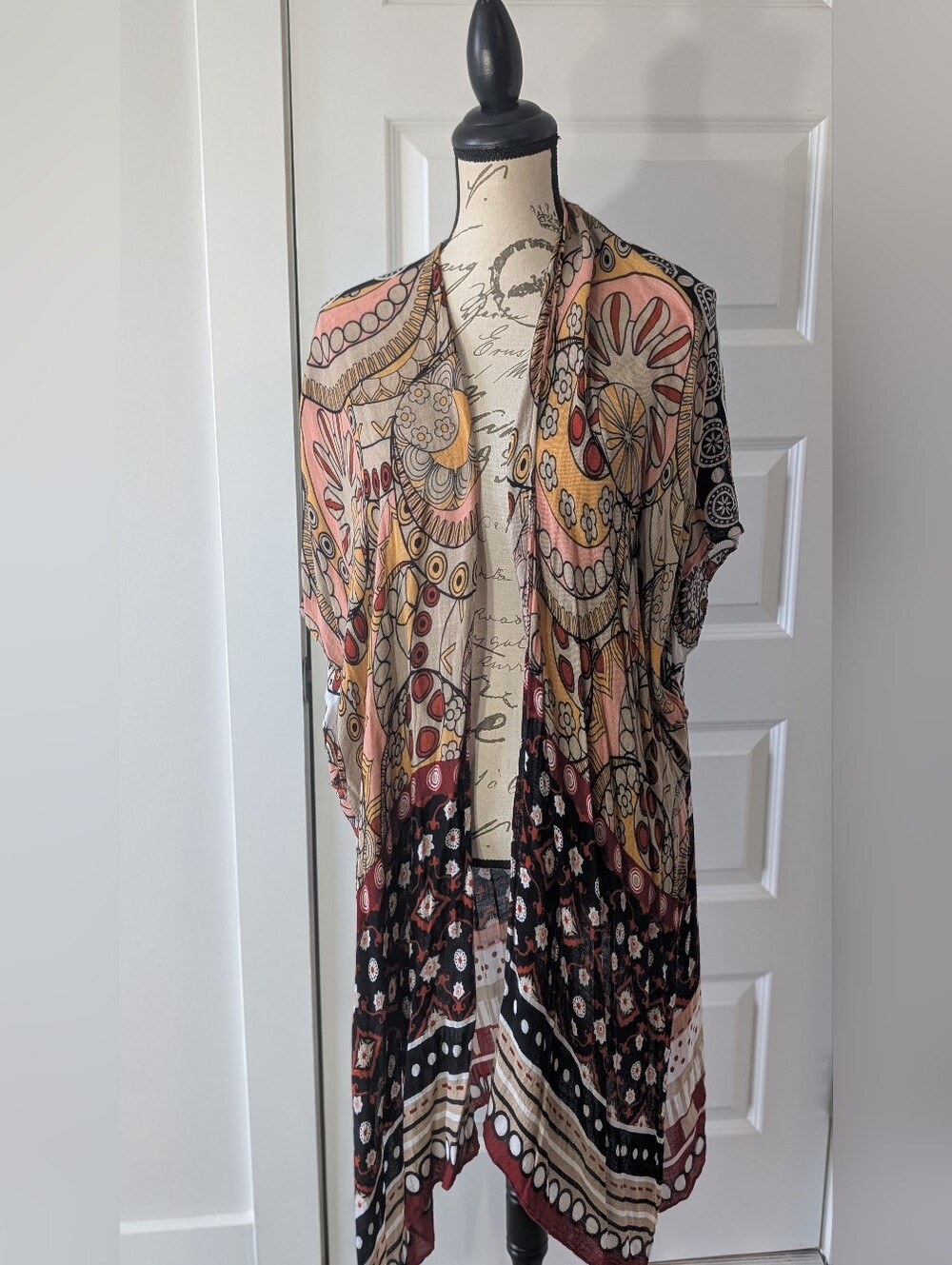 221. Lightweight Boho Floral Kimono - Peach, Black, Cream